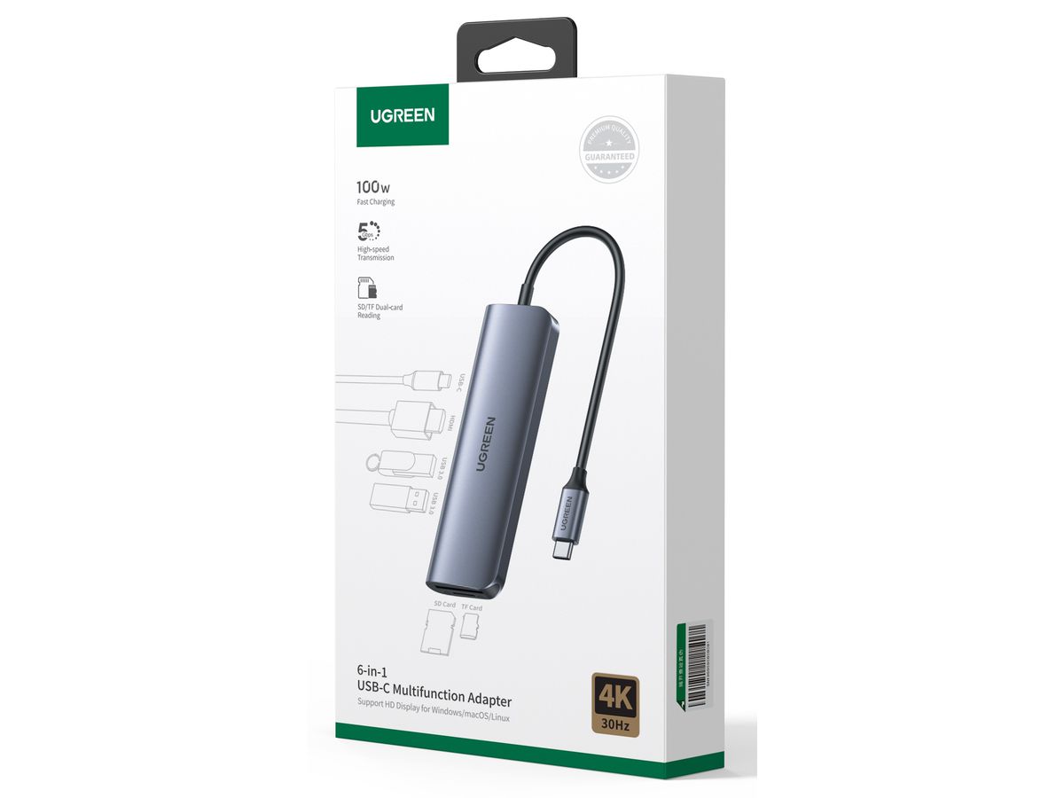 UGREEN USB-C Hub 6in1, Silver 70411 HDMI,2xUSB-A,SD TF,USB-C PD (6957303874118)