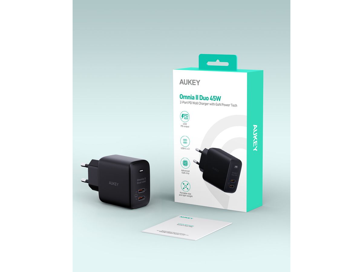 AUKEY Omnia II Dual 45W GaN PD PA-B4T BK 2-Port USB-C Wall Charger B. (0689323787500)