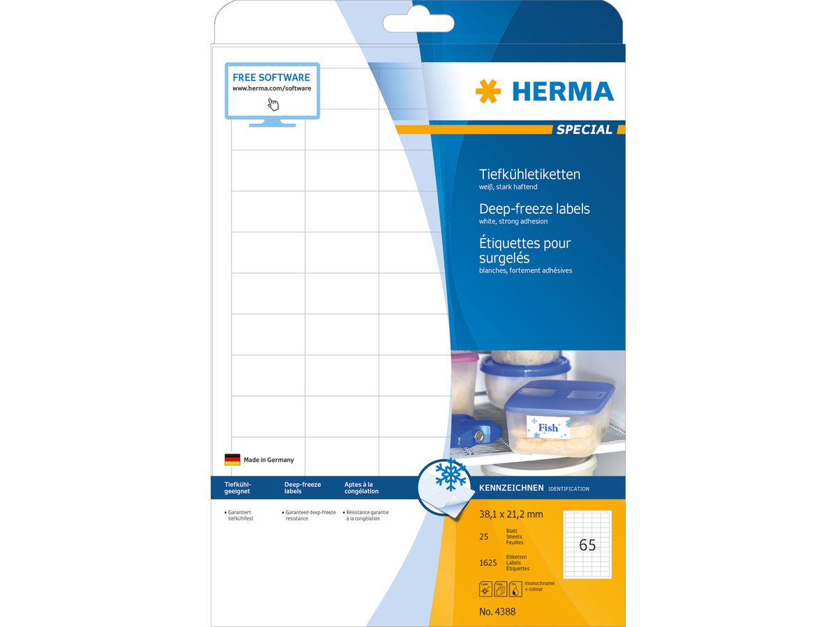 HERMA Etichette congel. 38.1x21.2mm 4388 bianco,perm. 1625 pz./25 fogli (4008705043885)