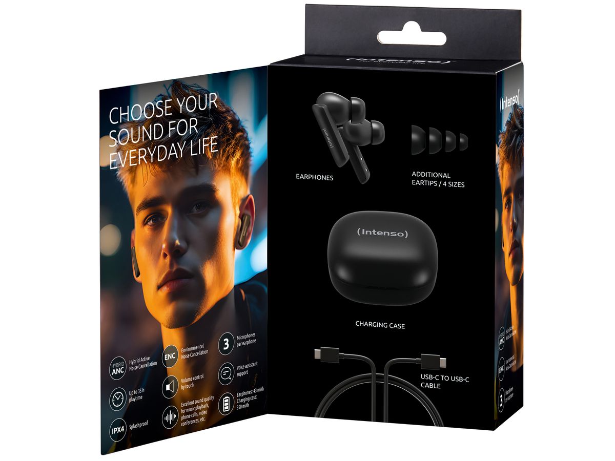 INTENSO Buds Pro Wirel. Earphones 3720500 T500AE, Hybrid ANC, Black (4034303034567)