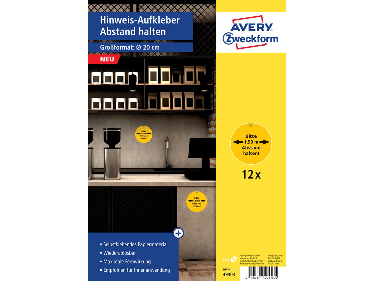 AVERY ZWECKFORM Injonction DE 20cm 49403 Abstand halten 12 pcs. (4004182494035)