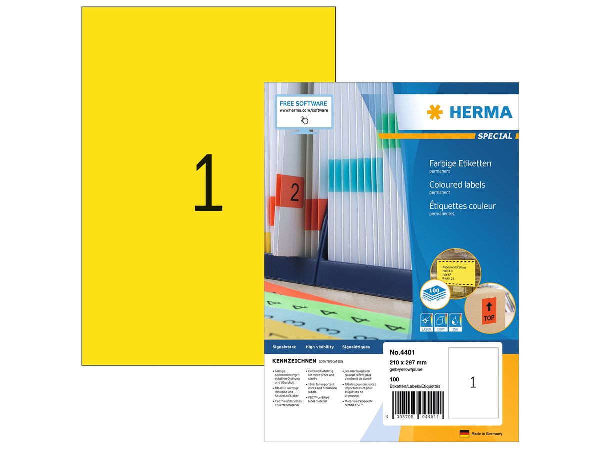 HERMA Etichette SPECIAL 210x297mm 4401 giallo,perm. 100 pz./100 fogli (4008705044011)
