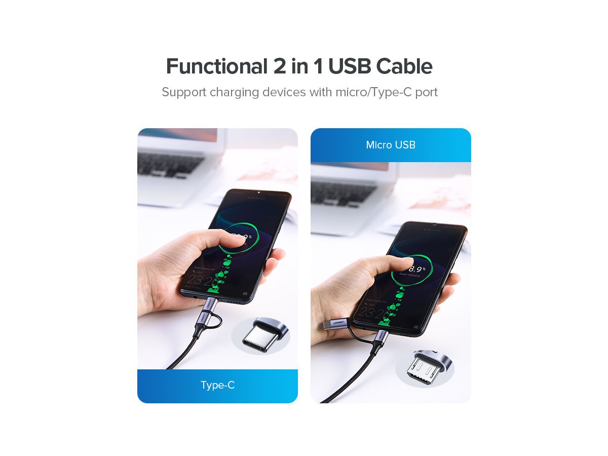 UGREEN Cable USB-A-MicroUSB+USB-C 30875 1m, Black (6957303838752)