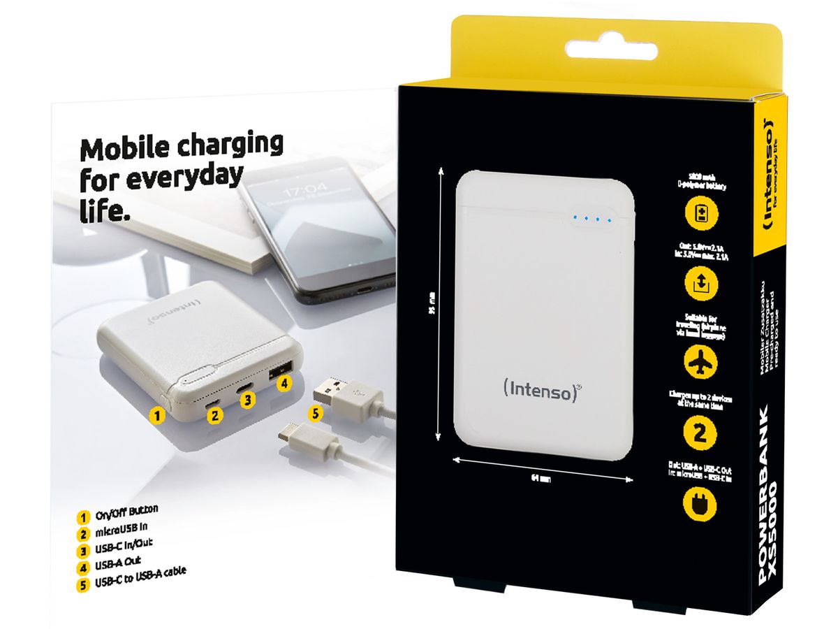 INTENSO Powerbank XS5000, white 7313522 5000 mAh, USB-A, USB-C (4034303028252)