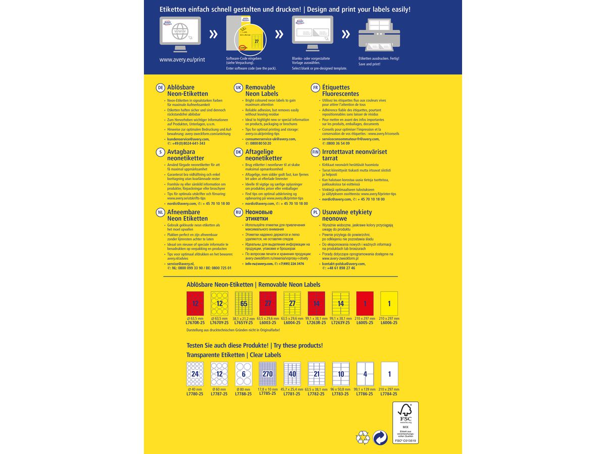 AVERY ZWECKFORM Etiquettes 38,1x21,2mm L7651Y-25 jaune 1625 pcs. (4004182608395)