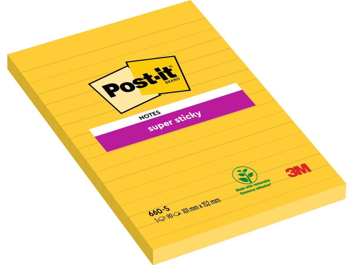 POST-IT Bloc Super Sticky 102x152mm 660-S jaune/90 feuilles, lignées (4001895877131)
