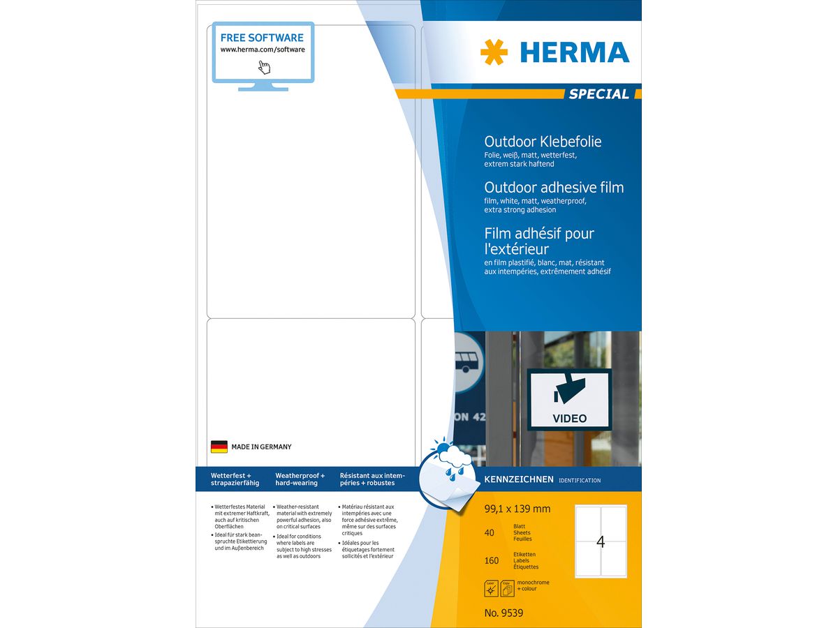 HERMA Etiquettes film 99,1x139mm 9539 blanc,PP mat 160 pcs./40 flls. (4008705095396)