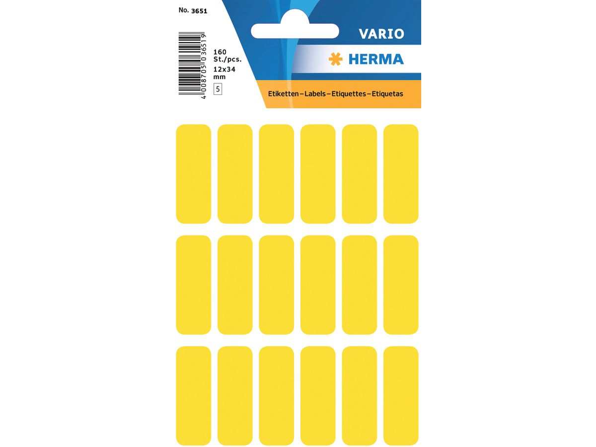 HERMA Haftetiketten 12x34mm 3651 gelb, perm. 90 Stück (4008705036511)