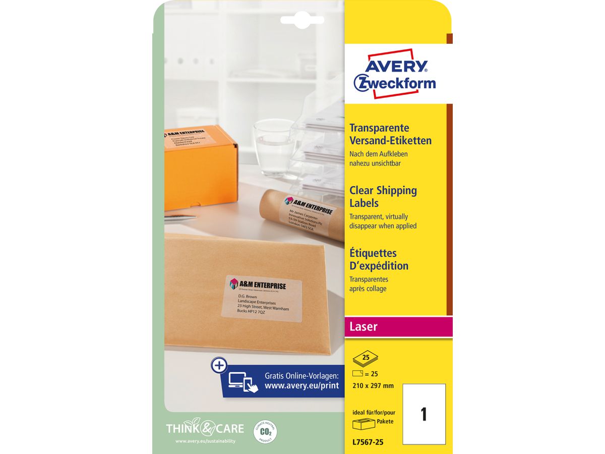 AVERY ZWECKFORM Adressetiketten 210x297mm L7567-25 Laser, transp. 25Stk./25Bl. (4004182047774)