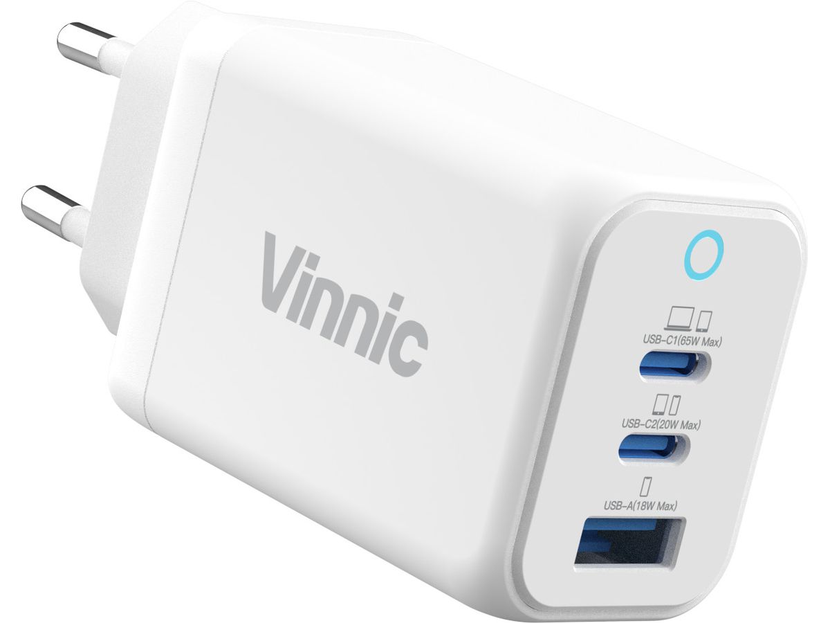 VINNIC FERNOW GaN 65W,Wallcharger VPCG-GA65WG1-EUWH 2x USB C, 1x USB-A, White (4898338018035)
