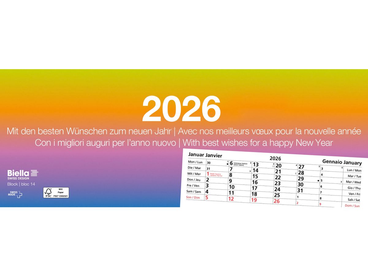 BIELLA Blocco a strappo Nr.14 2026 889014000026U 1M/1P colorato ML 24x9cm (7611365528066)