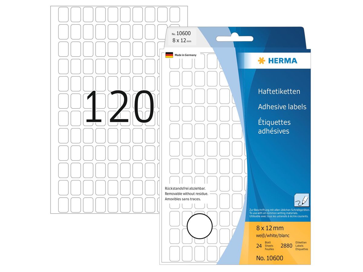HERMA Etichette Staccabili 8×12mm 10600 bianco, non perm. 3840 pezzi (4008705106009)