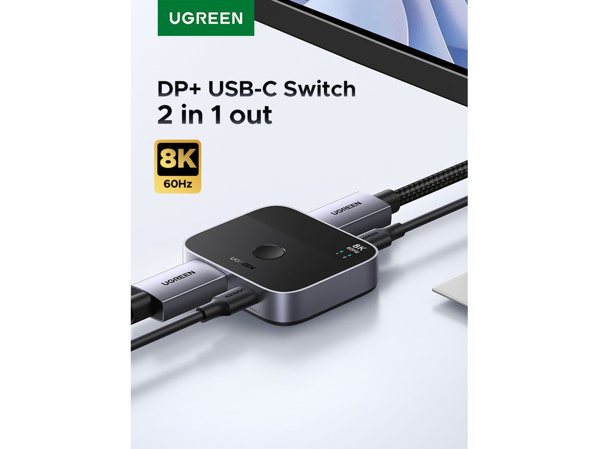 UGREEN Switch 2 In 1 Out 65878 DisplayPort+USB-C, Grey,BB (6941876268788)