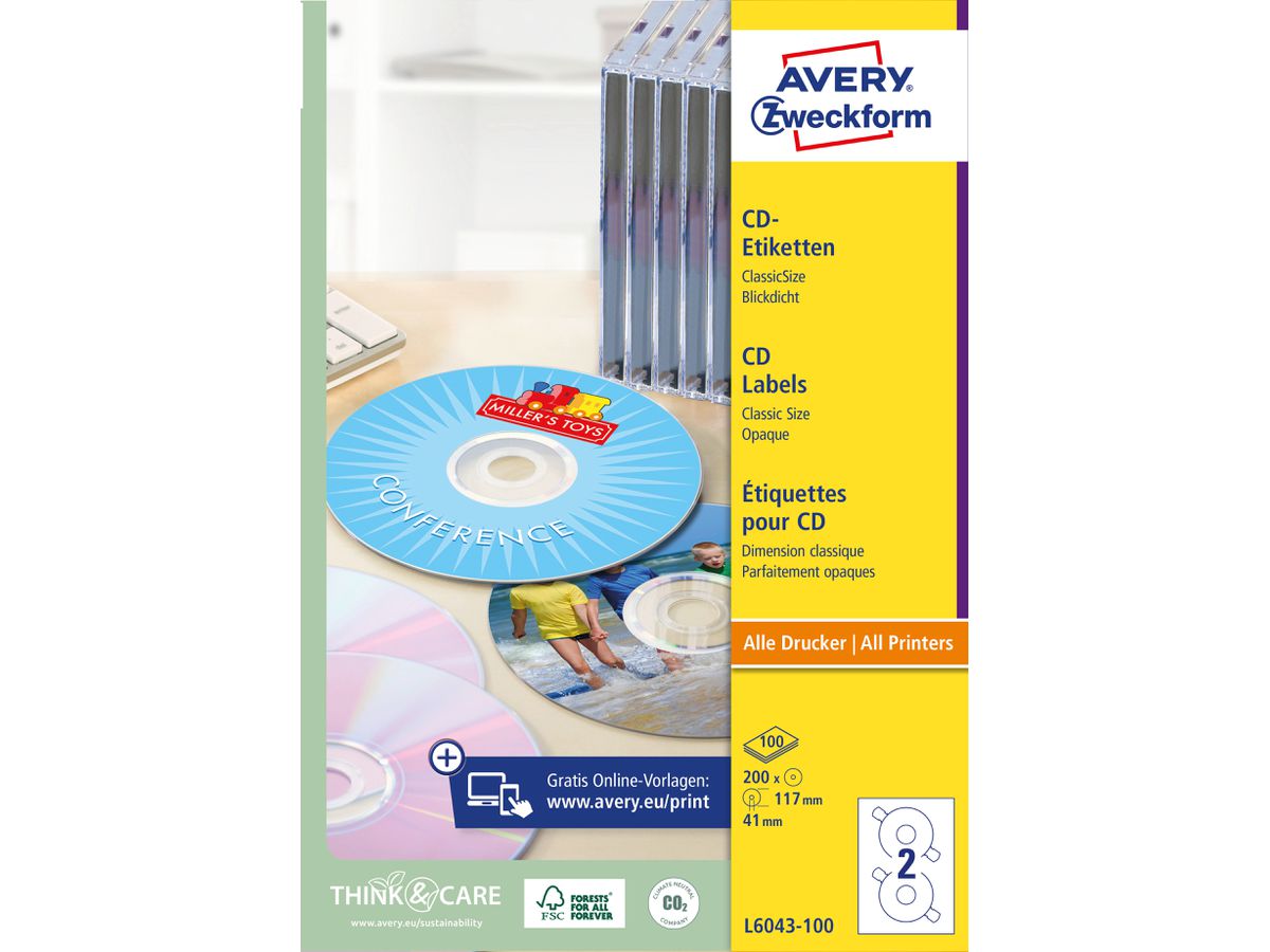 AVERY ZWECKFORM CD-Etichette Classic 117mm L6043-100 ILK A4, bianco 100fogl./2pezzi (4004182036549)