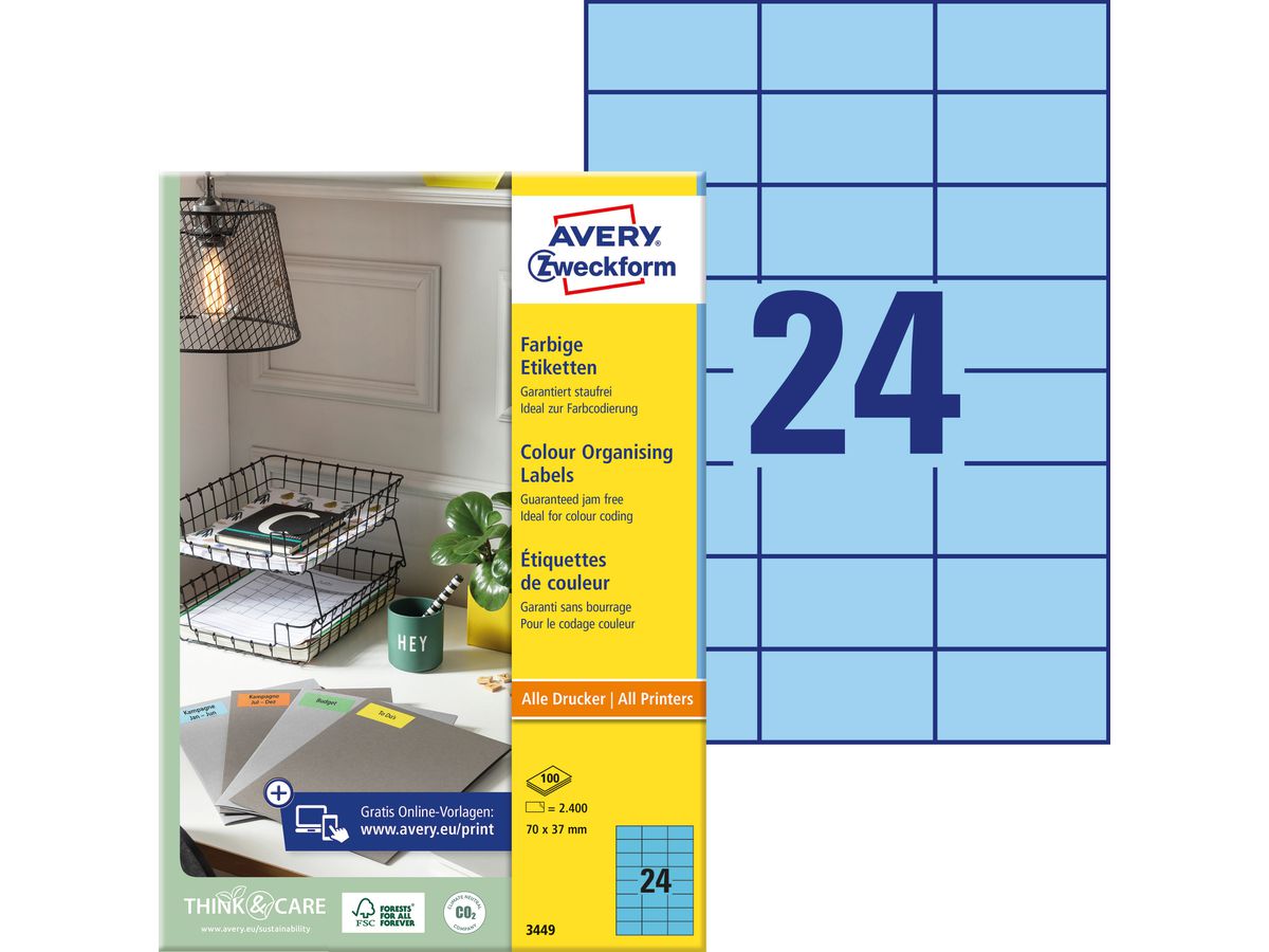 AVERY ZWECKFORM Etichette 70x37mm 3449 Universal, blu 100fogl./24pz (4004182034491)
