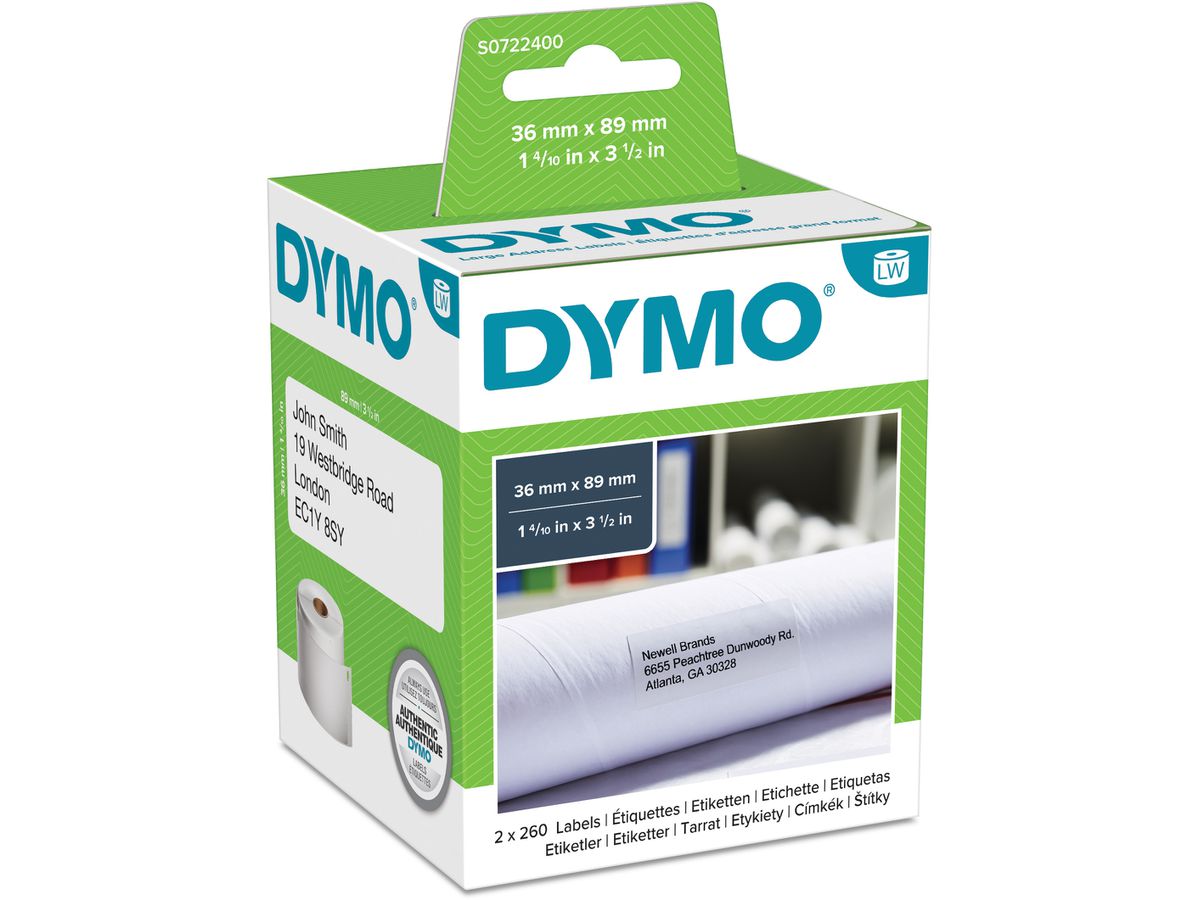 DYMO Etiquettes d'adresse 89x36mm S0722400 permanent 2 rl. à 260 pcs. (5411313990127)