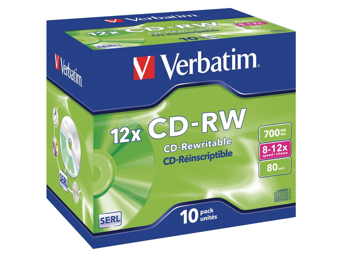 VERBATIM CD-RW Jewel 80MIN/700MB 43148 8-12x 10 Pcs (0023942431480)