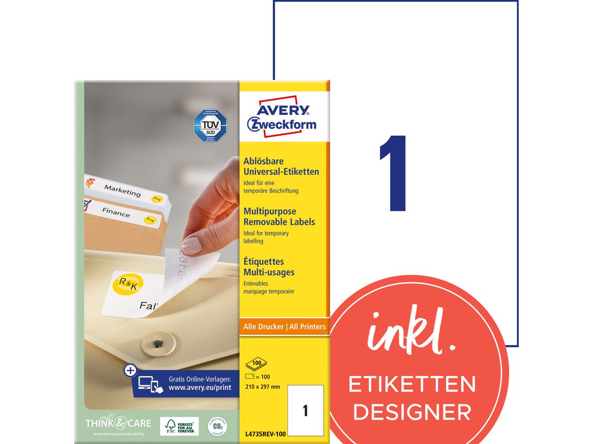 AVERY ZWECKFORM Étiquett.univers. 210x297mm L4735REV-100 blanc,non-perm. 100pcs./100fl. (4004182433331)