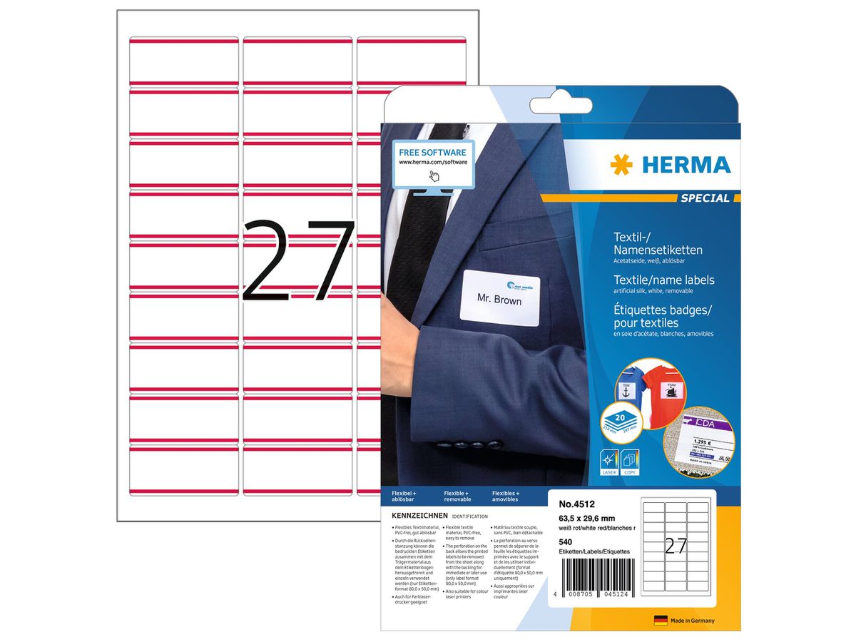 HERMA Etichette p.badges 63,5x29,6mm 4512 bianco 540 pz./20 fogli (4008705045124)
