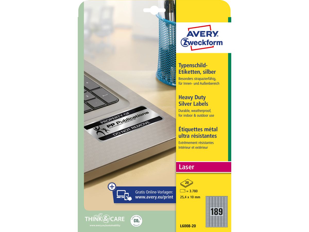 AVERY ZWECKFORM Etichette 25,4x10mm L6008-20 argento, Laser 3780 pz./20 fl. (4004182060087)