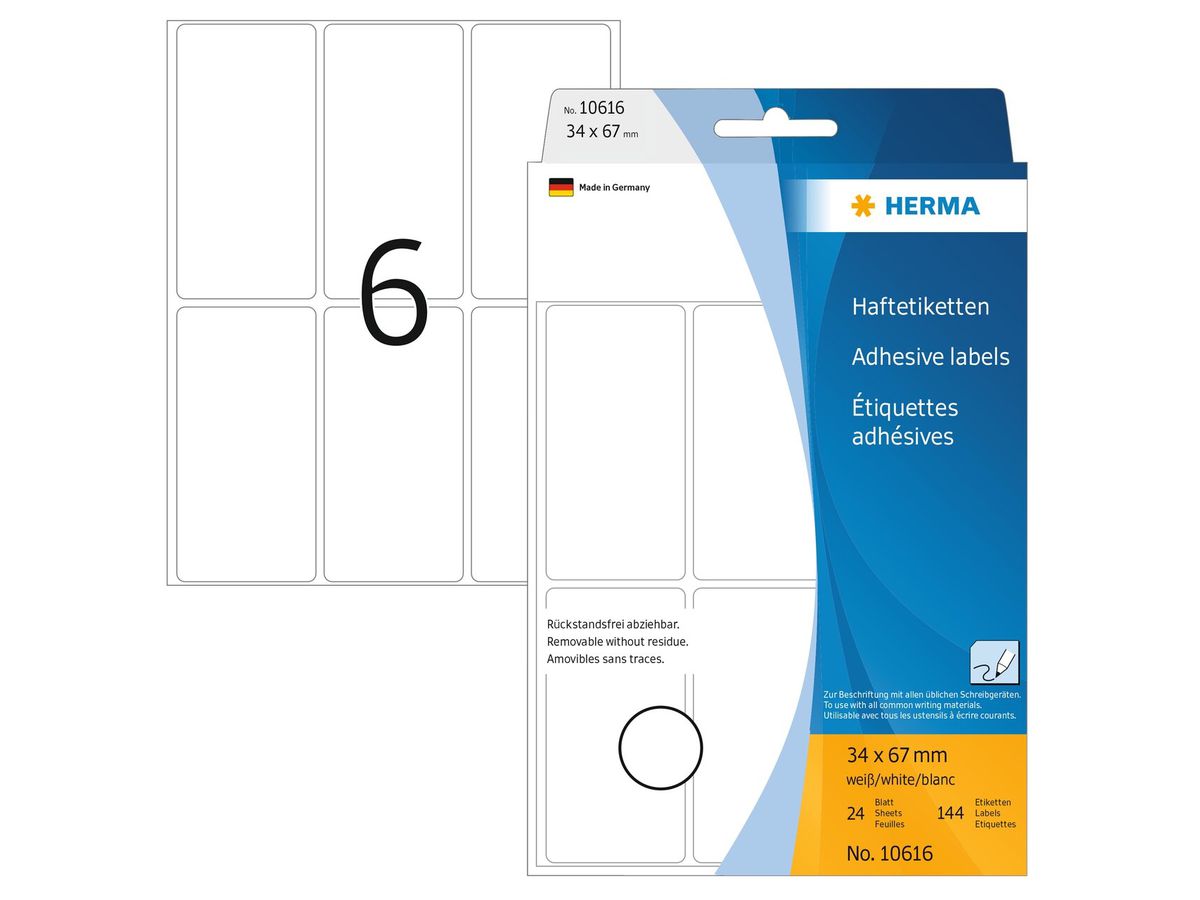 HERMA Etiquettes Amovibles 34×67mm 10616 blanc, non perm. 192 pcs. (4008705106160)