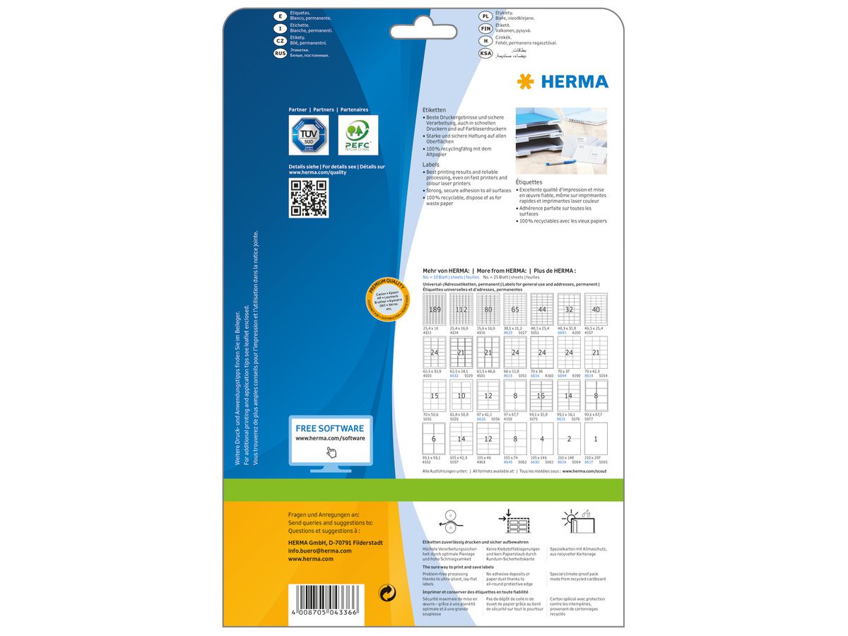 HERMA Etiketten PREMIUM 35.6x16.9mm 4336 weiss,perm. 2000 St./25 Bl. (4008705043366)