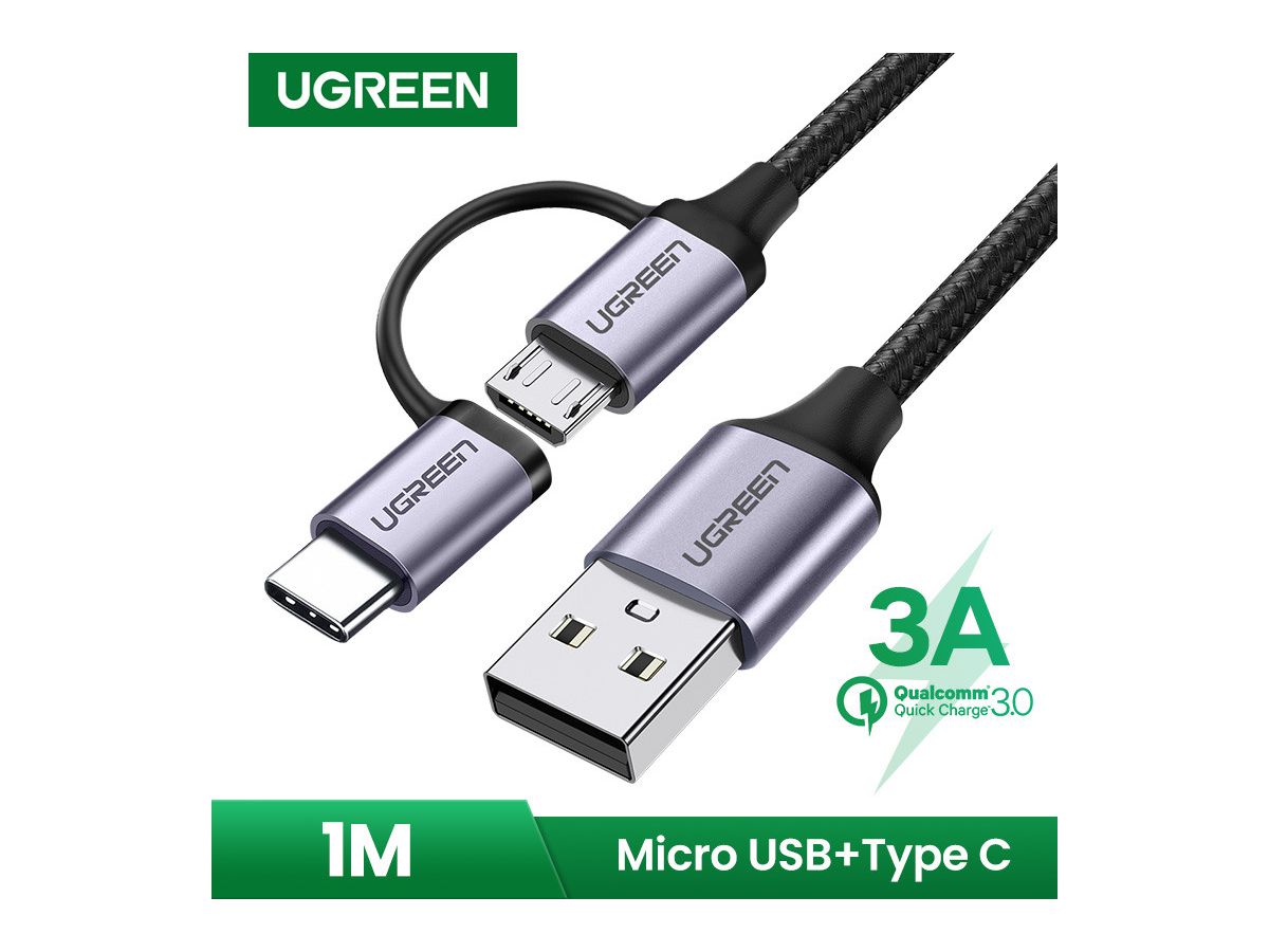 UGREEN Cable USB-A-MicroUSB+USB-C 30875 1m, Black (6957303838752)