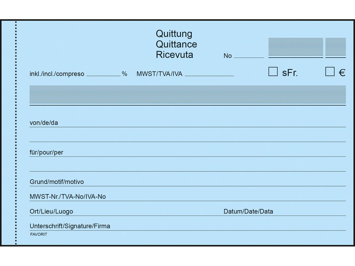 FAVORIT Quittance D/F/I A6 9298 OK N bleu/bleu/blanc 50x3 feuilles (7612149247005)