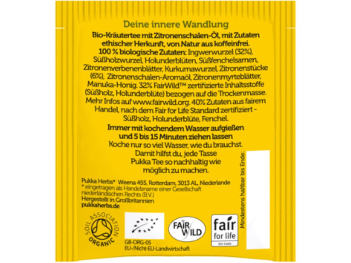 PUKKA Lemon, Ginger, Manuka-Honey 4091010 Tè alle erbe bio 20 sacchi (5063270111512)