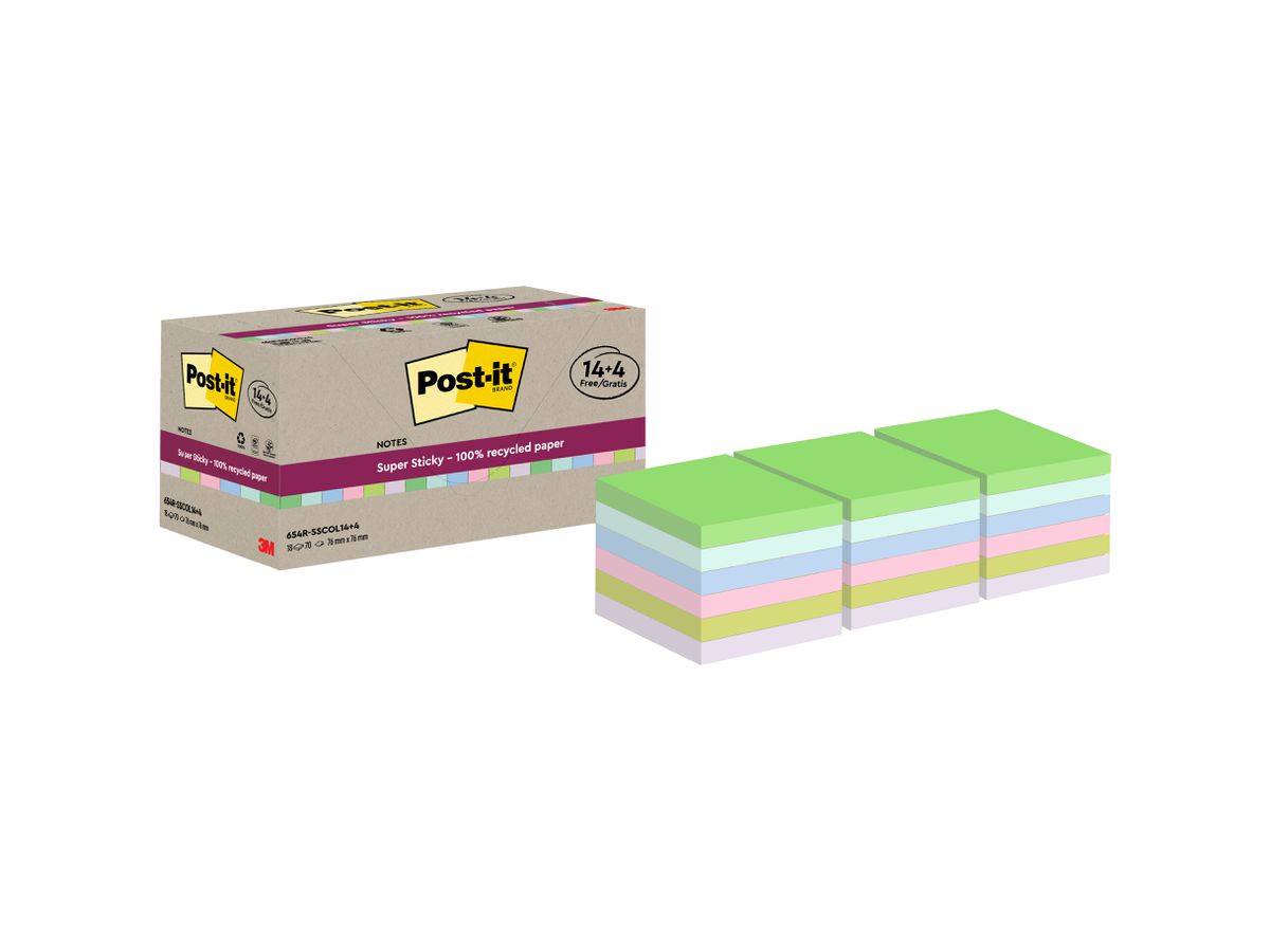 POST-IT SuperSticky Notes 76x76mm 654 RSSCOL 14+4F Recycling,assort. 18x70 fogli (4064035060923)
