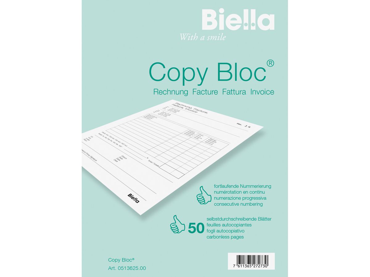 BIELLA Facture COPY-BLOC A/F A6 51362500U autocopiante 50x2 feuilles (7611365272730)