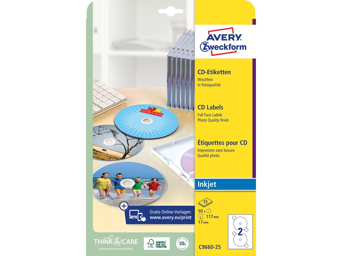 AVERY ZWECKFORM Etikette f. CD, glossy 117mm C9660-25 InkJet,SuperSize 50 St./25 Bl. (4004182233849)