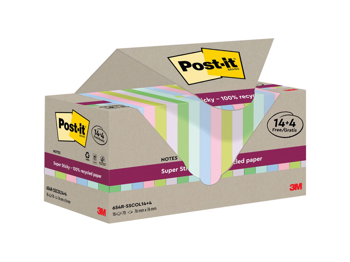 POST-IT SuperSticky Notes 76x76mm 654 RSSCOL 14+4F Recycling,assort. 18x70 fogli (4064035060923)